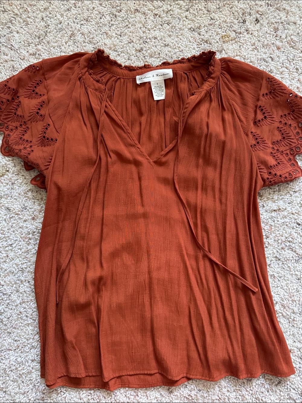 Chelsea & Violet Burnt Orange Eyelet-Sleeve Peasant Top